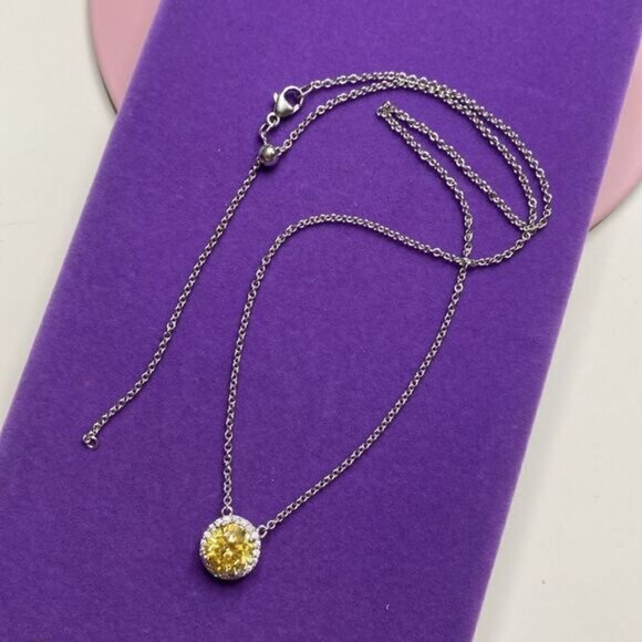 925 Yellow White CZ Halo Necklace - Picture 7 of 7